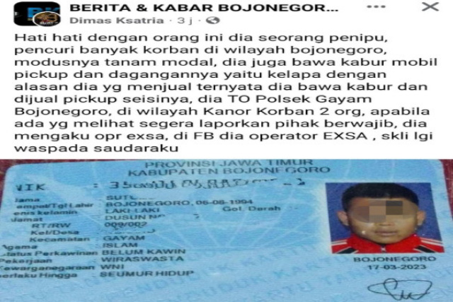 Identitas yang diduga penipu di unggah di media sosial grup FB BERITA & KABAR BOJONEGORO oleh akun @Dimas Ksatria.(foto FB)