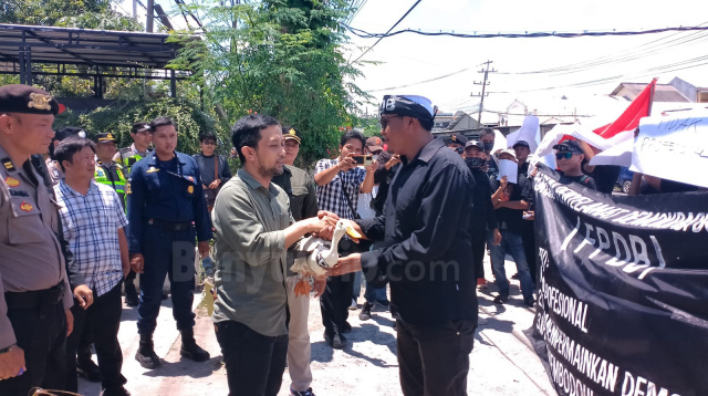 Ketua KPU Bojonegoro, Robby Adi Perwira, saat mendapatkan hadiah bebek dari pendemo.