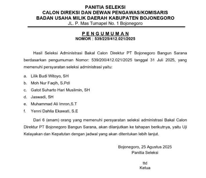 Seleksi Dirut PT BBS.