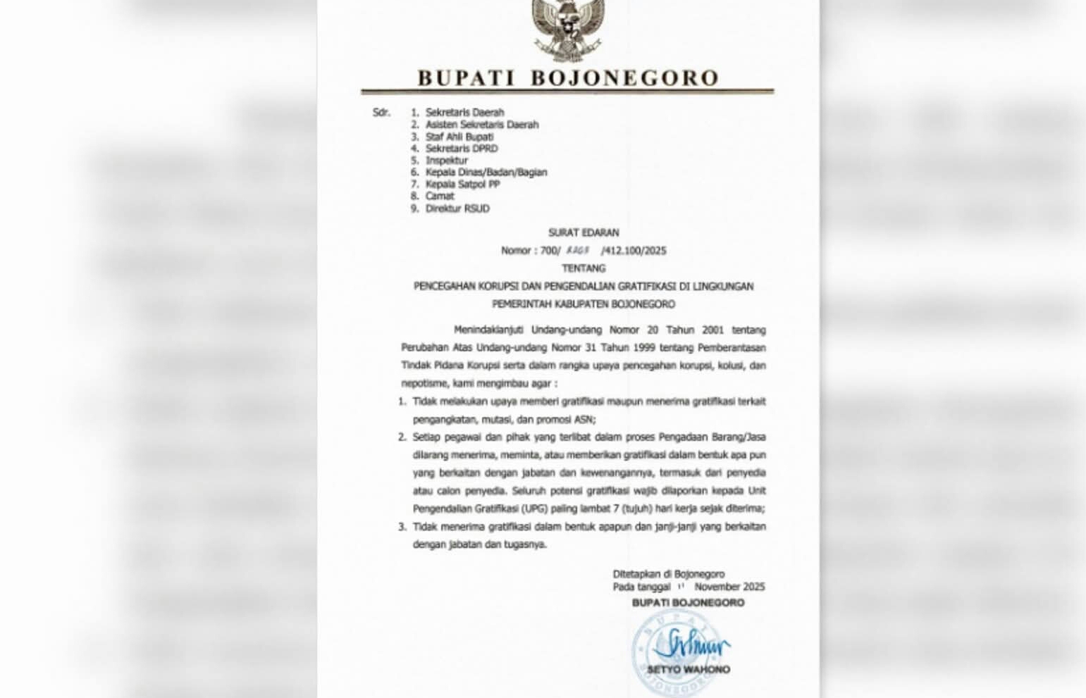 Surat edaran bupati bojonegoro cegah korupsi.